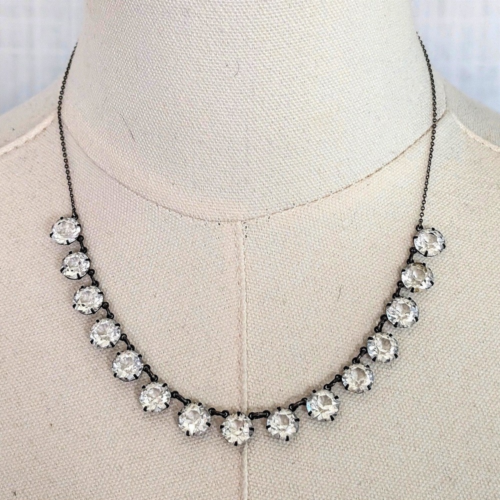 Vintage 1930s Czech Cut Crystal Necklace Art Deco Sterling Silver Open Back